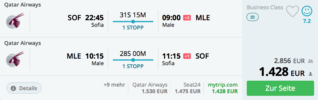 Qatar Airways 20 Jahre Partner Sale Sofia- Malediven