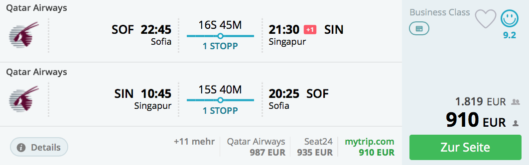 Qatar Airways 20 Jahre Partner Sale Sofia- Sinagpur
