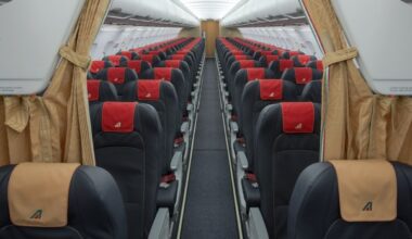 Alitalia neue Kabine für die Flotte der Kurz- und Mittelstrecke Blick aus der Economy Class Kabine nach vorne