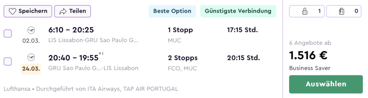 Lufthansa Group Business Class Angebote Lissabon - Sao Paulo