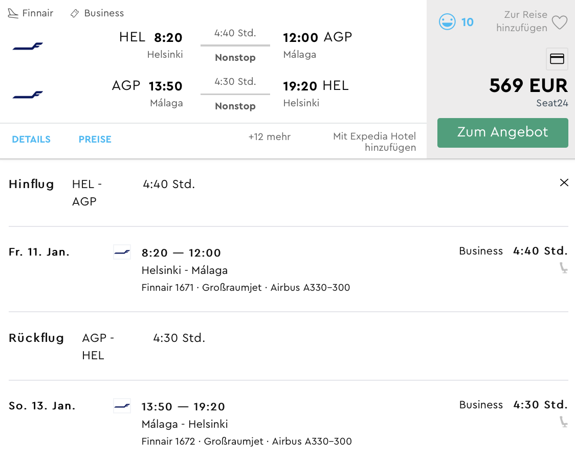 Helsinki - Malaga Finnair Business Class Airbus A330