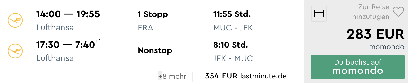 Return München (MUC) - New York (EWR/JFK) mit Lufthansa
