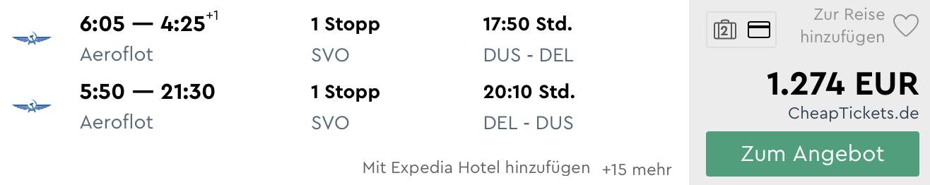 Aeroflot Business Class Düsseldorf - Delhi 
