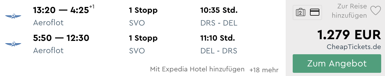 Aeroflot Business Class Dresden - Delhi 