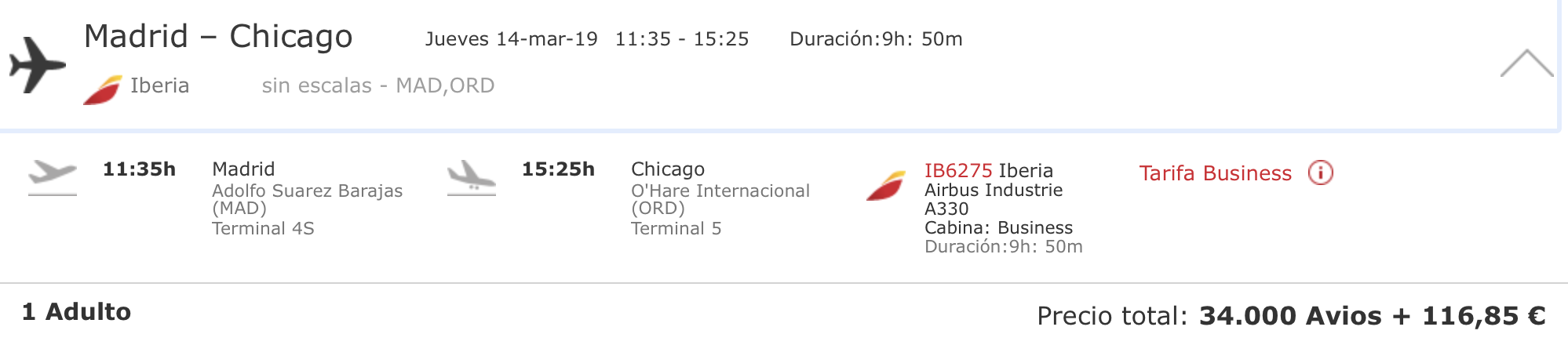Iberia Business Class Madrid - Chicago Iberia Plus