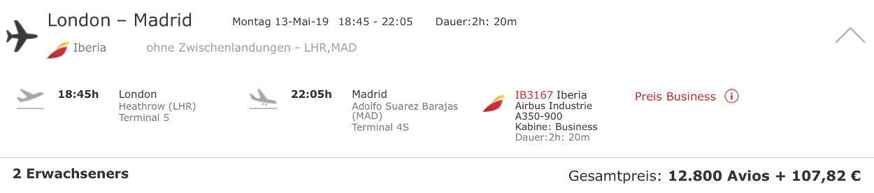 Iberia Plus Awards 2 für 1 Avios Prämienflüge London-Madrid A250 Business Class