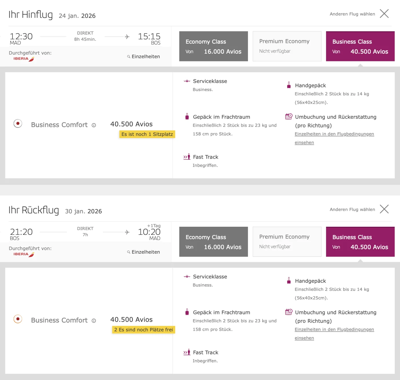 Iberia Club Avios Prämienflug Business Class Madrid - Boston