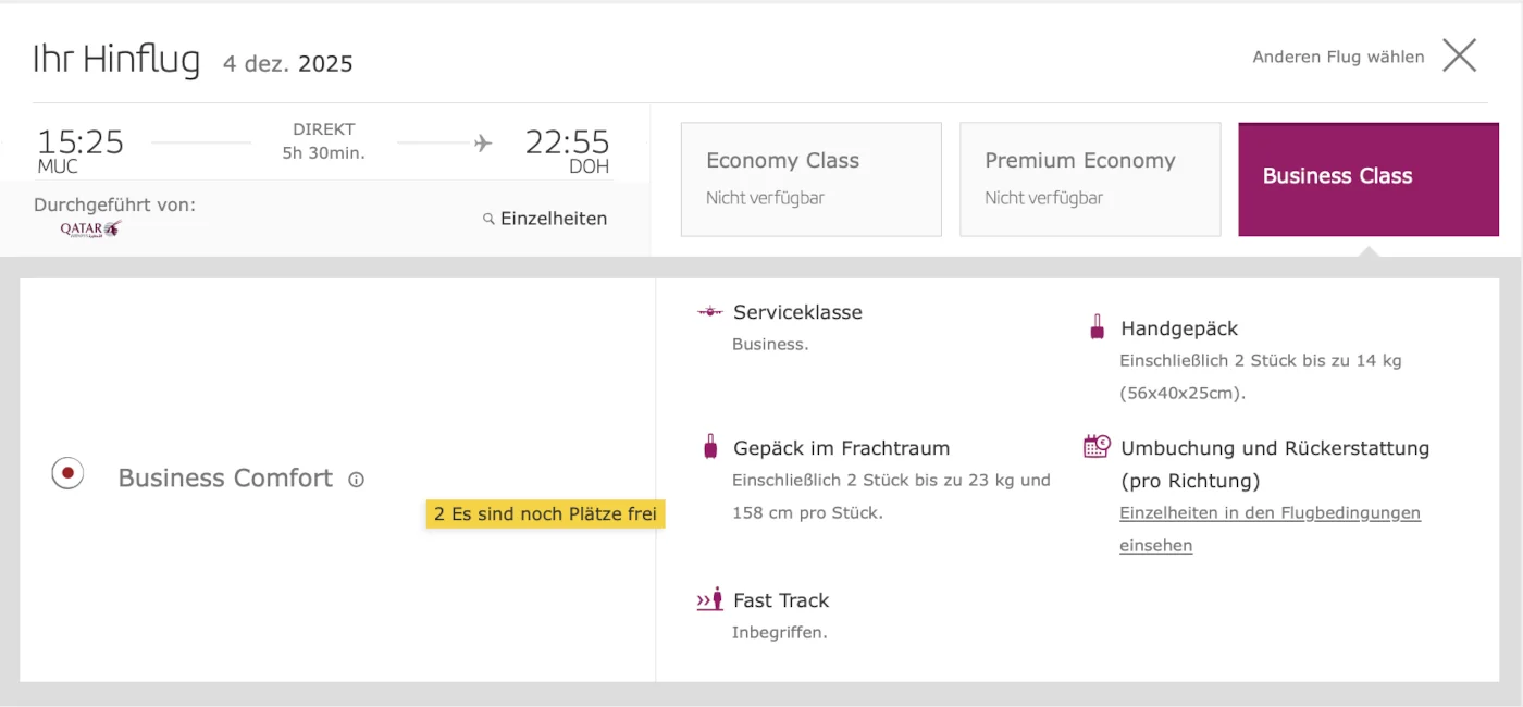 Iberia Club Avios Prämienflug Qatar Airways Business Class München - Doha