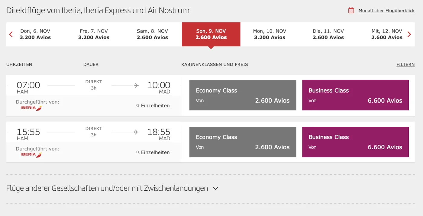 Iberia Club Prämienflüge 60% Avios Rabatt Hamburg - Madrid