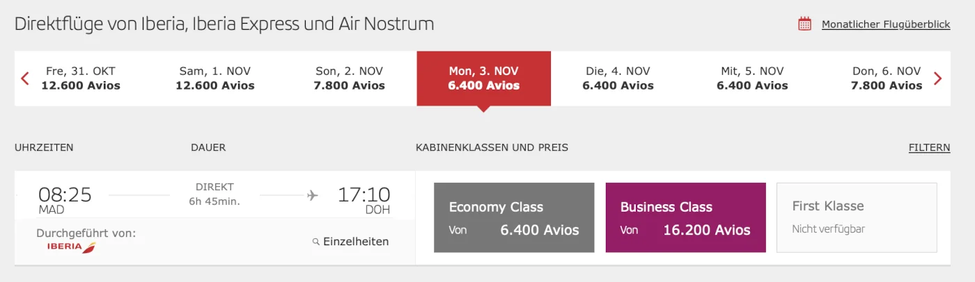 Iberia Club Avios 60% Rabatt Prämienflüge Madrid - Doha