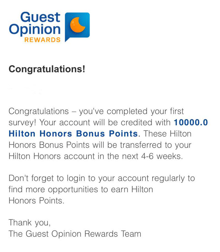 kostenlose 10.000 Hilton Honors Punkte Umfrage Guest Opinion Rewards