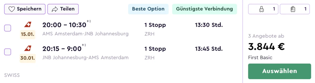 SWISS First Class Angebote nach Johannesburg ab Amsterdam
