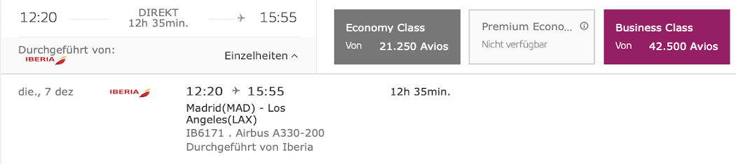 Prämienflug Iberia Plus Preisband 6 Madrid - Los Angeles