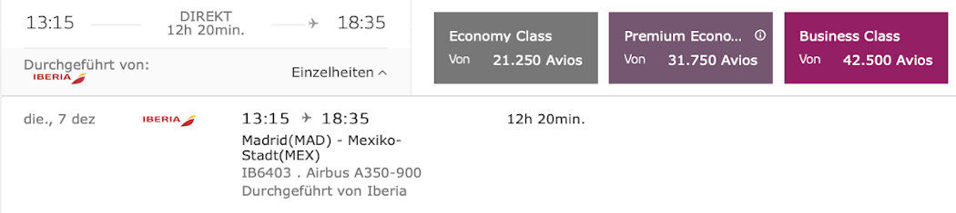 Prämienflug Iberia Plus Preisband 6 Madrid - Mexico City