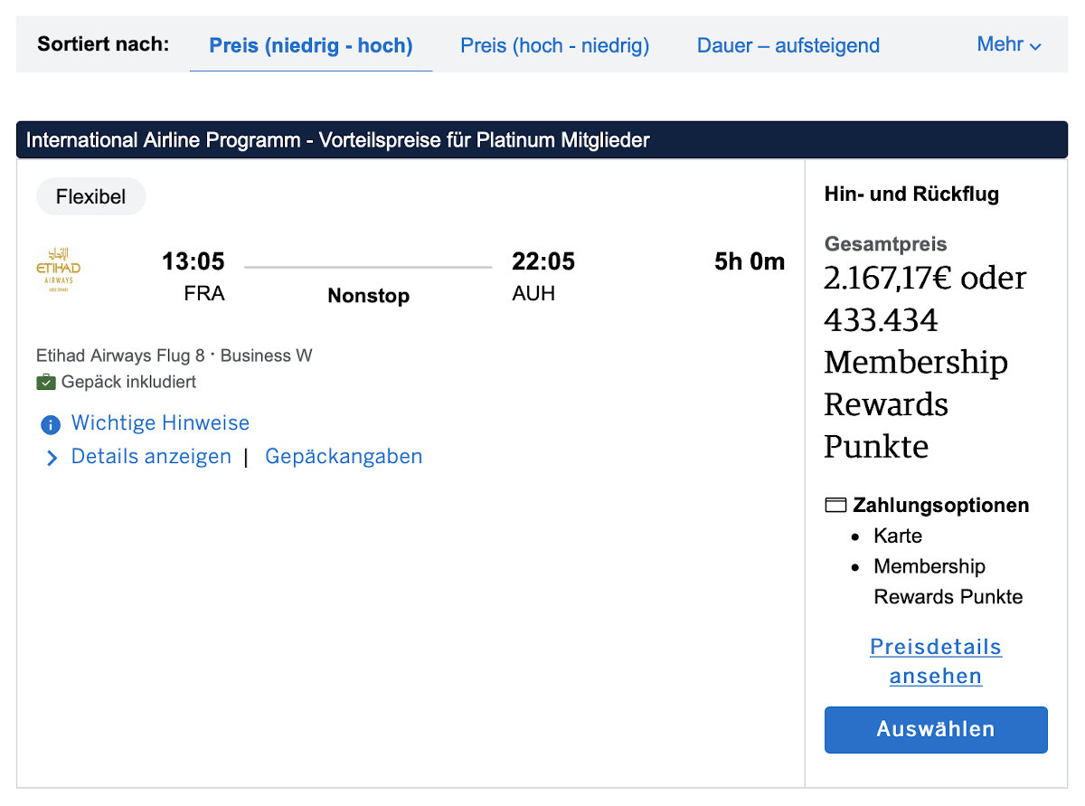 International Airline Programm von American Express Flug mit Vorteilspreis