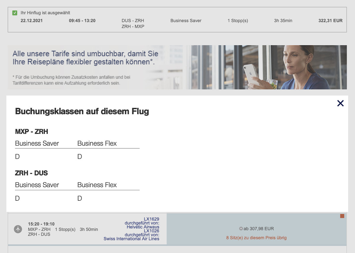 Buchungsklassen anzeigen lassen Lufthansa Webseite