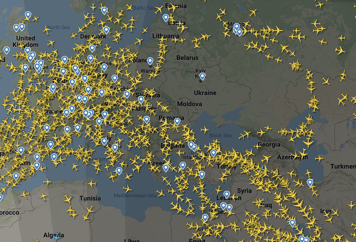 Ein Screenshot von Flightradar24 zeigt den gesperrten Luftraum der Ukraine