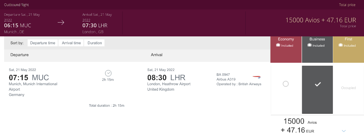 BA Flug München - London Heathrow mit Qatar Avios