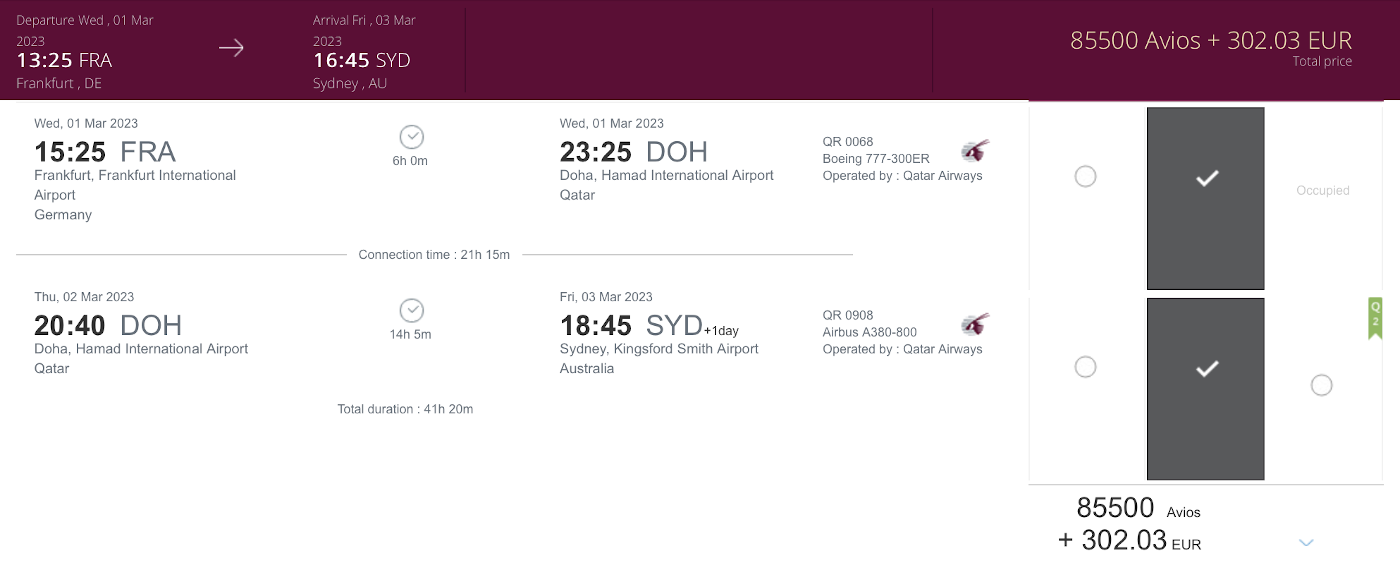 Qatar Airways Business Class Avios Prämienflug FRA-DOH-SYD