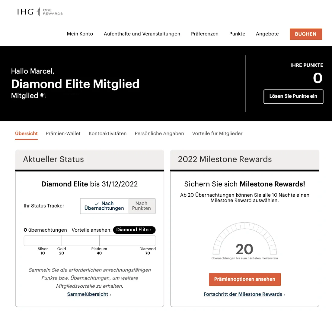 Instant IHG One Rewards Diamond Elite Status Kontoauszug