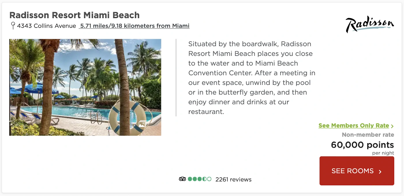 Prämieneinlösung Radisson Hotels Americas Miami Beach Resort