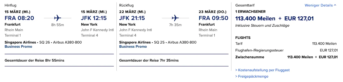 Singapore Airlines KrisFlyer Steuern und Gebühren Frankfurt - New York