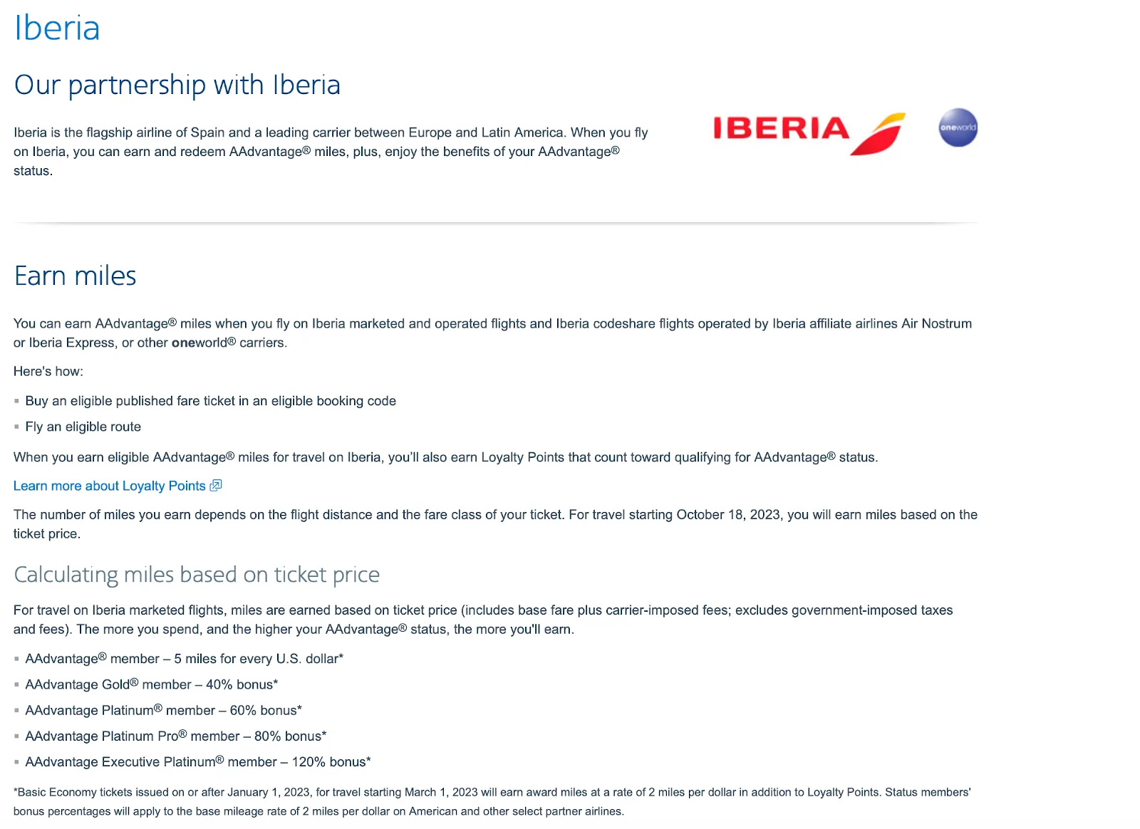 Sammelraten von Iberia Flüge im American Airlines Meilenprogramm AAdvantage