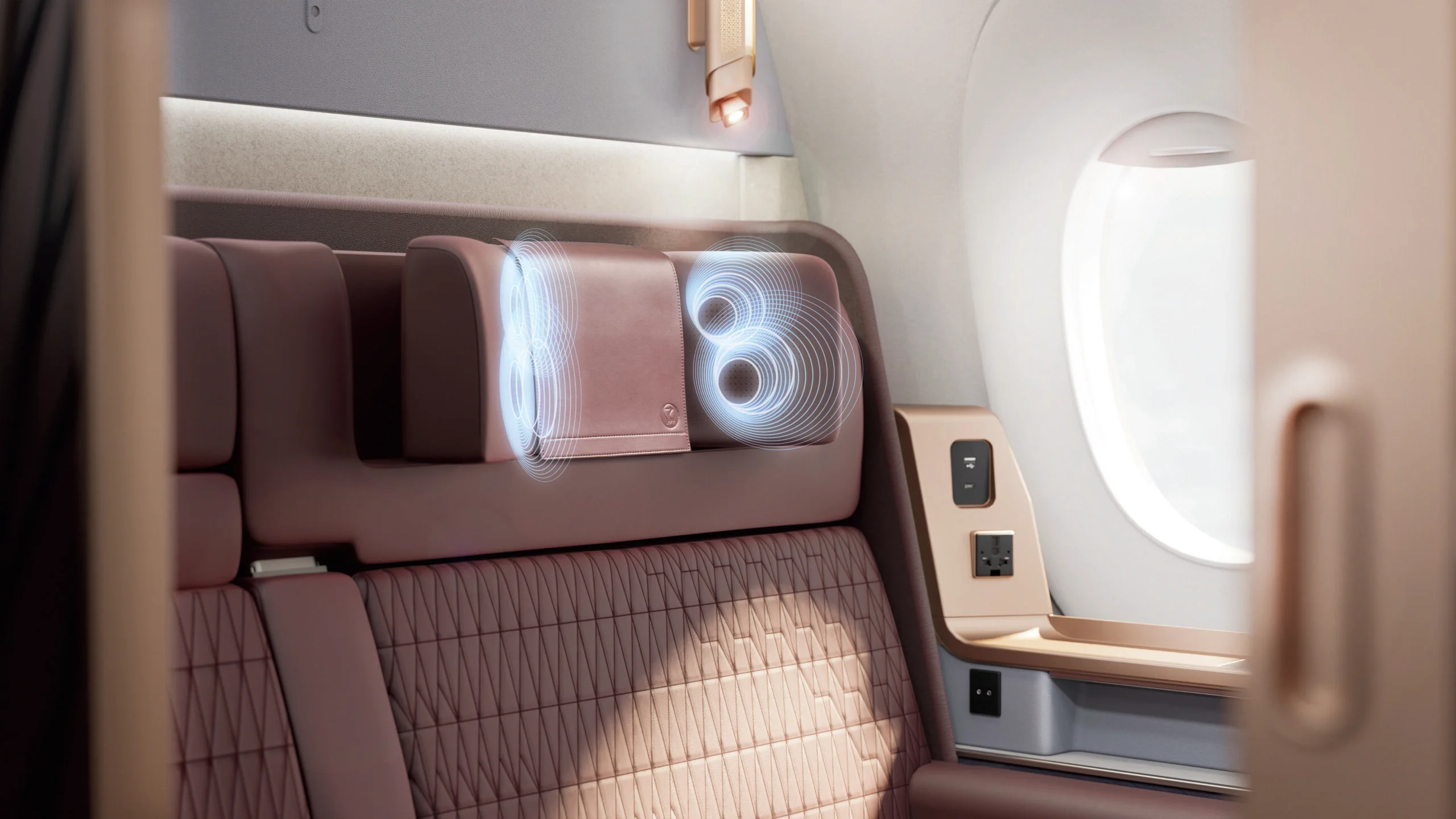 Kopfstützen mit eingebauten Lautsprechern in den First Class Suiten der A350-1000 von Japan Airlines