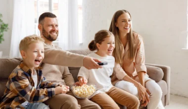 fröhliche Familie schaut Zuhause TV und ißt dabei Popcorn