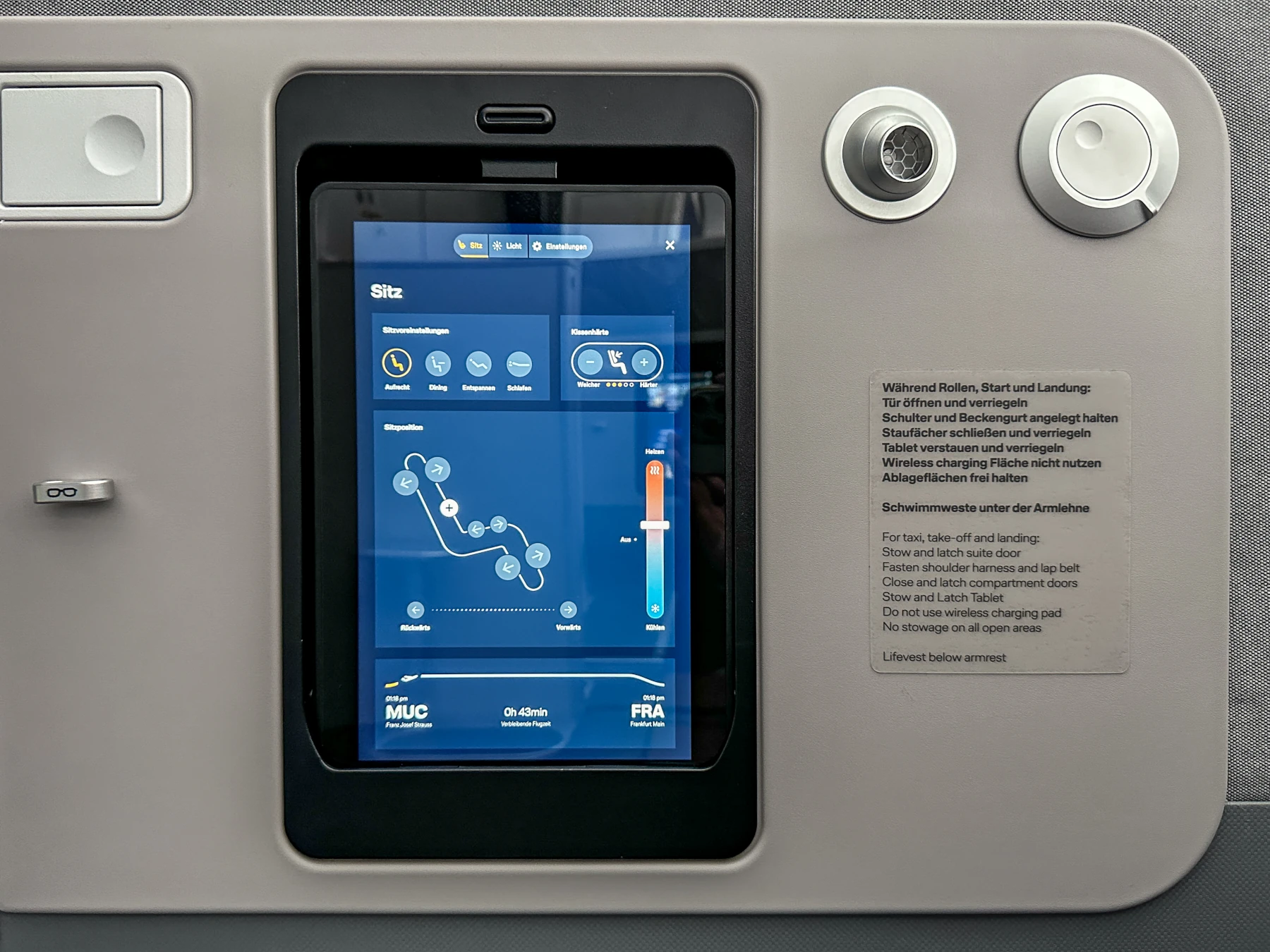 Tablet Temperaturkontrolle Lufthansa Allegris Business Class Suite 