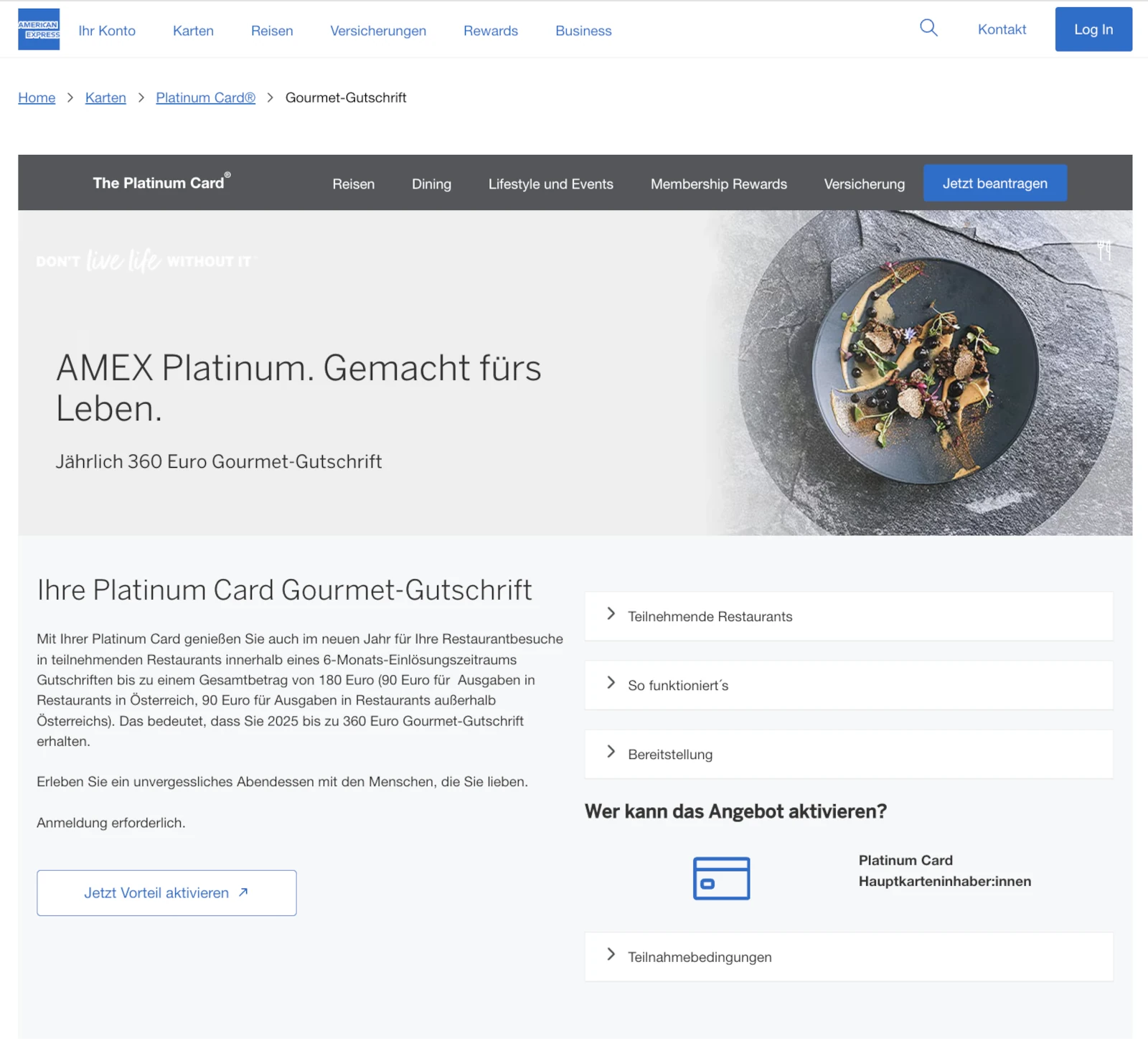 American Express Platinum Gourmet Guthaben Österreich aktivieren