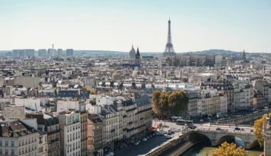 blick über die Dächer von Paris mit dem Eiffelturm im Hintergrund