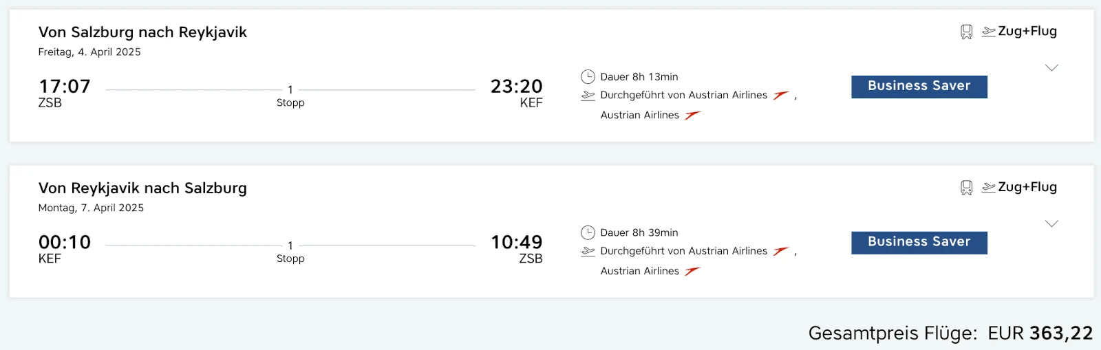 Beispiel Buchung Austrian Airlines, Screenshot, 