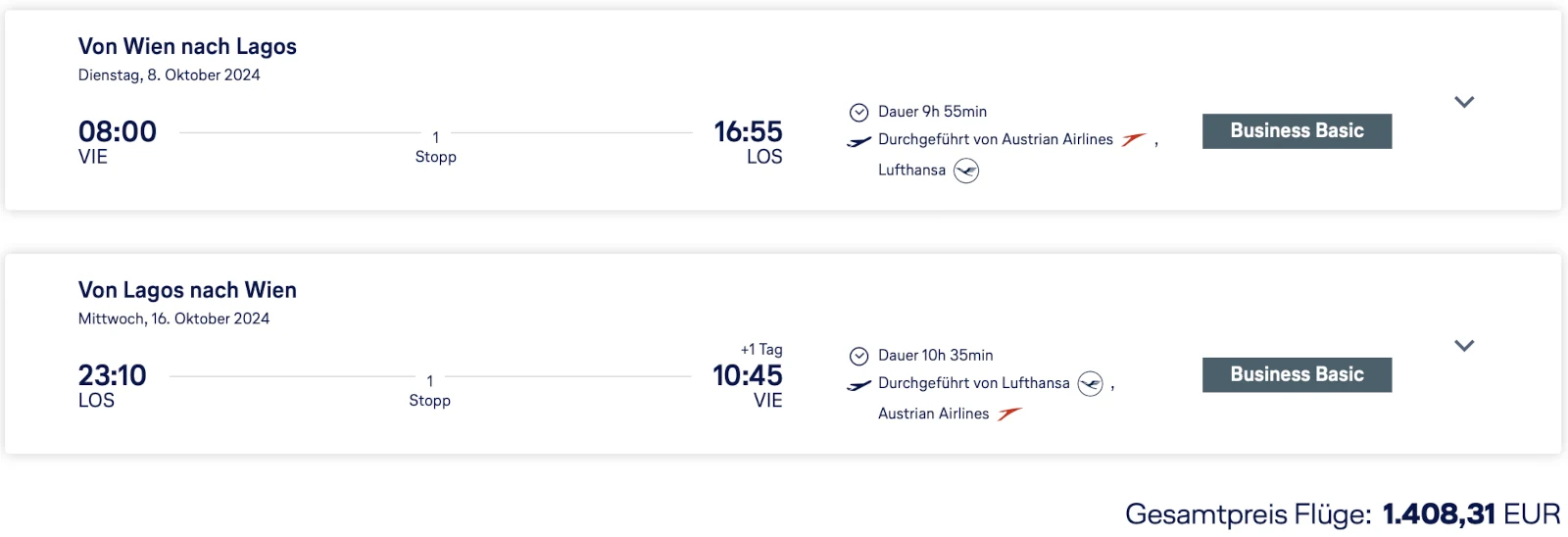 Flugauswahl Business Class Lufthansa Flüge Wien - Lagos