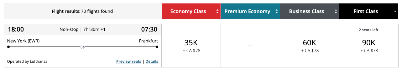 Air Canada Aeroplan Programm Prämienflug Auswahl Newark - Frankfurt Luthansa