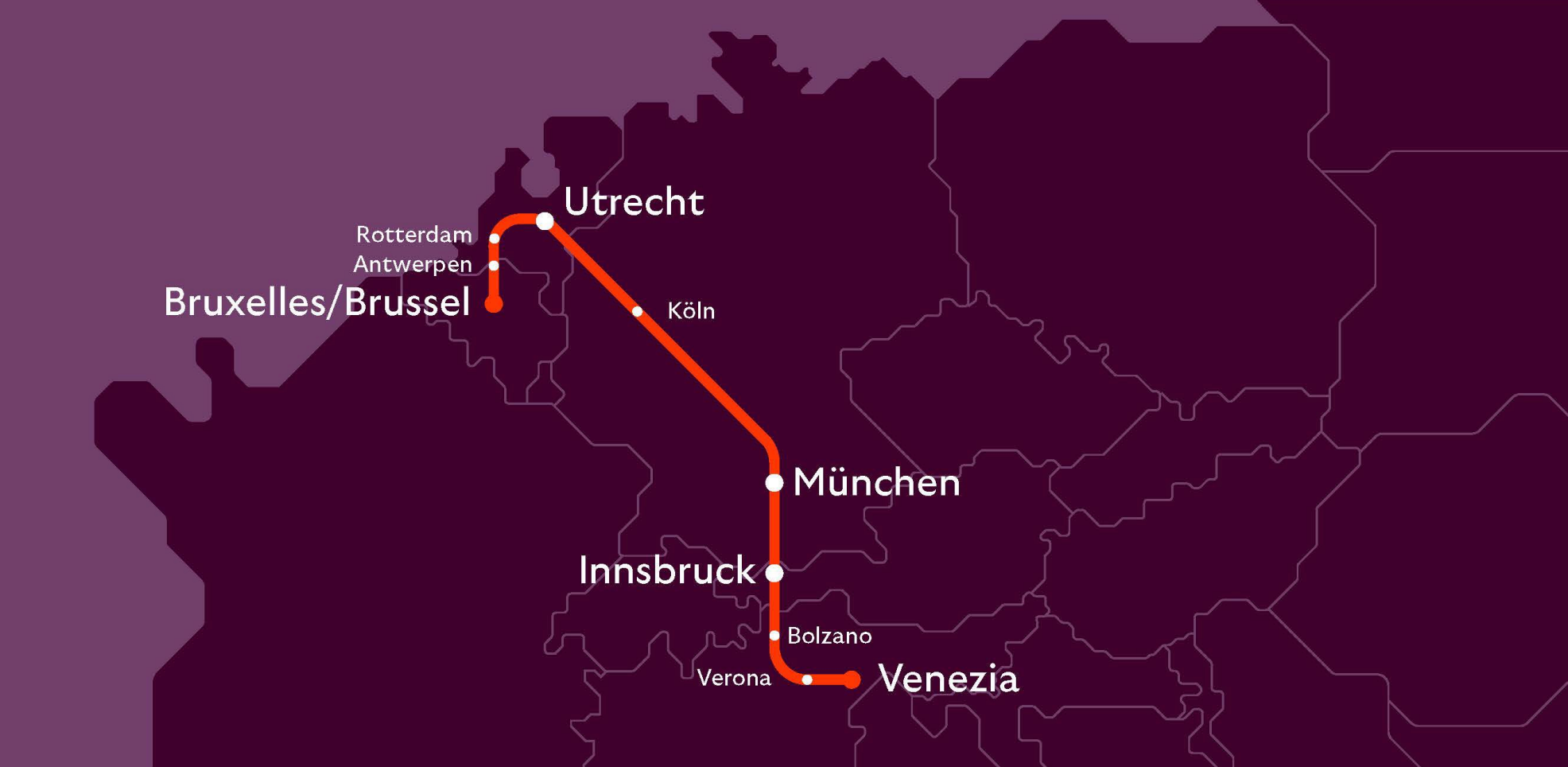 Karte des Fahrtverlaufs European Sleeper Train Brüssel - Venedig