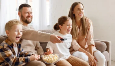 fröhliche Familie schaut Zuhause TV und ißt dabei Popcorn mit dem Amex Platinum Entertainmentgutgaben