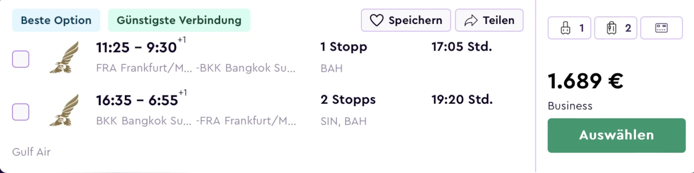 Momondo Preis Flugsuche Frankfurt -Bangkok in Gulf Air Business Class