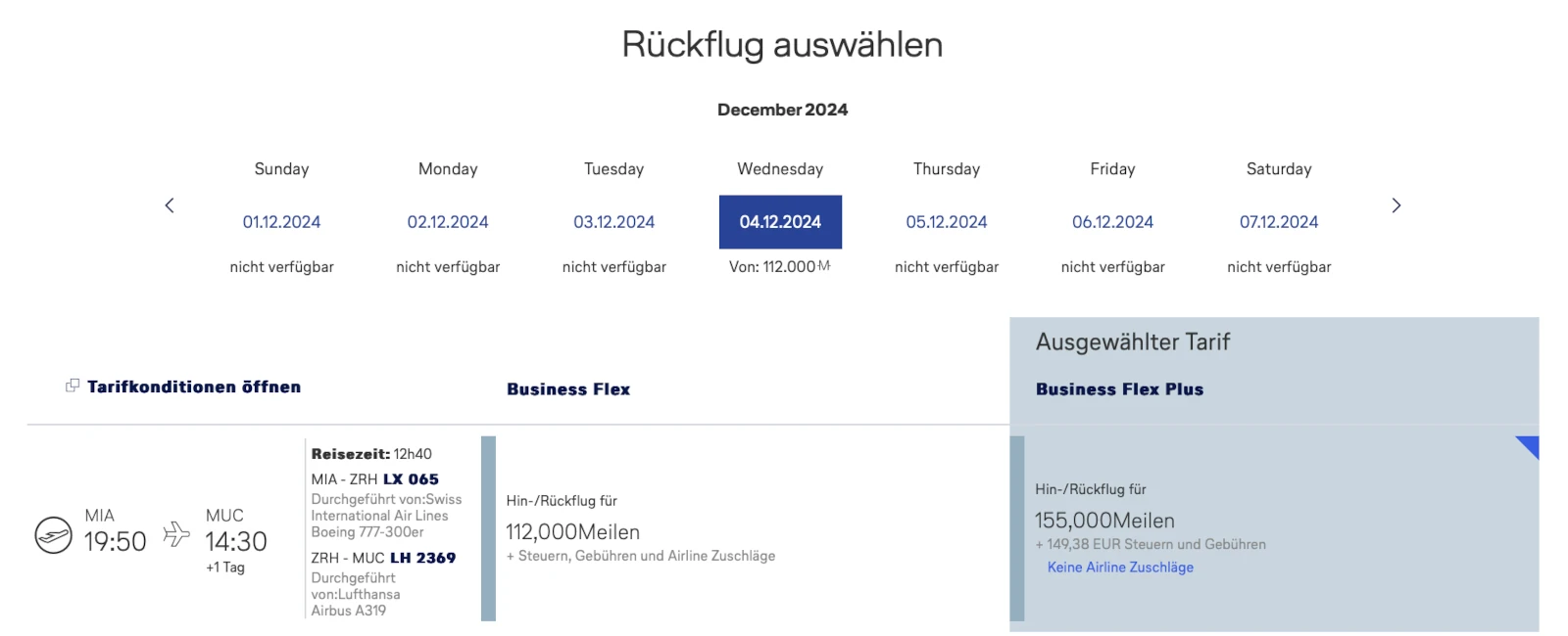 Miles & More Prämienflug Business Class Flex und Flex Plus