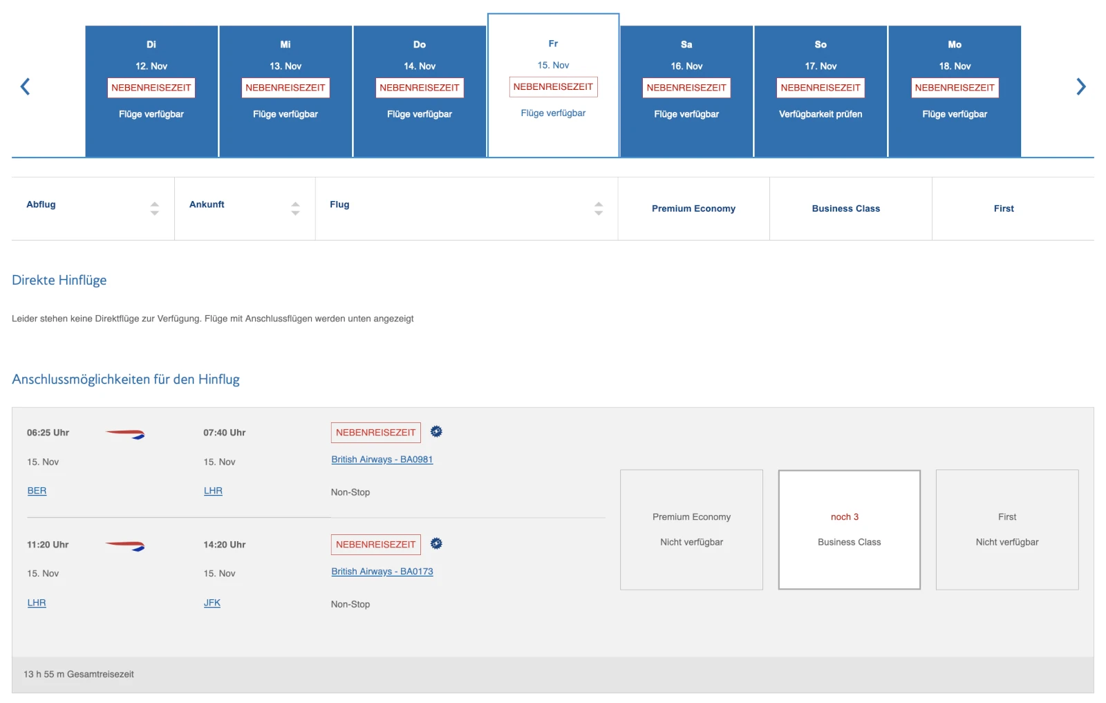 British Airways Auswahl Prämienflüge