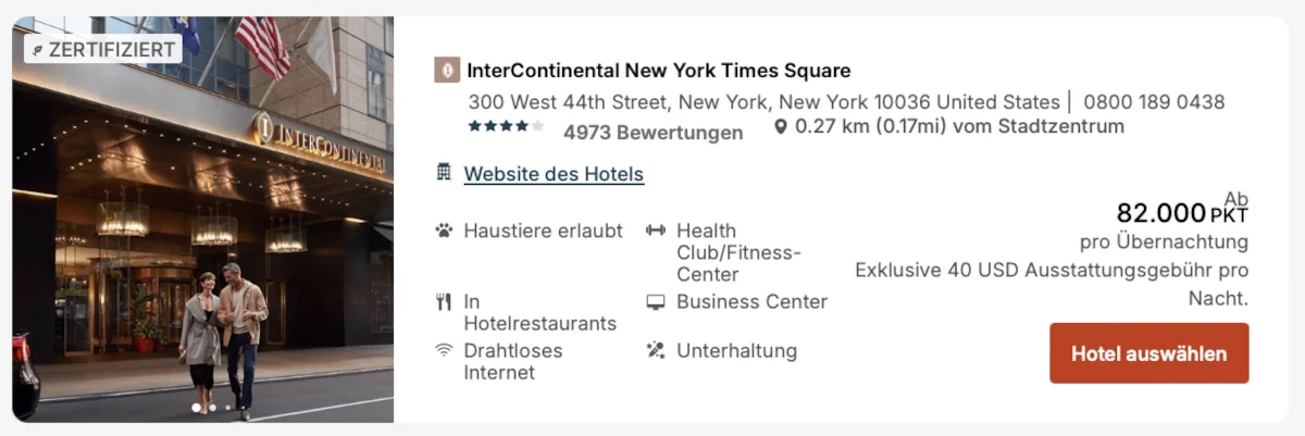 Intercontinental Times Square IHG One Rewards Punkte mit Bonus kaufen und buchen