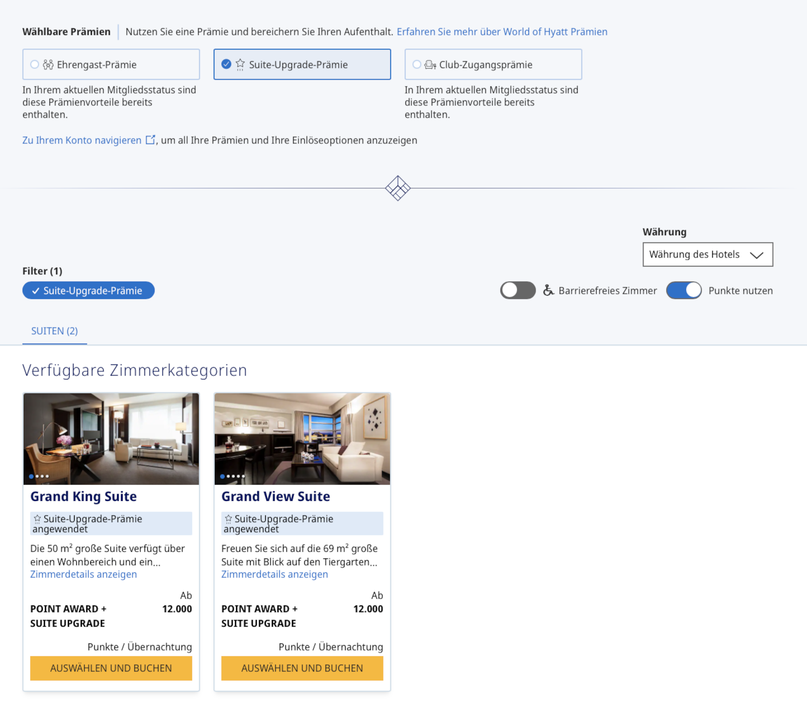 Suite-Upgrade-Prämien für eine mit Punkten bezahlte Nacht einlösen