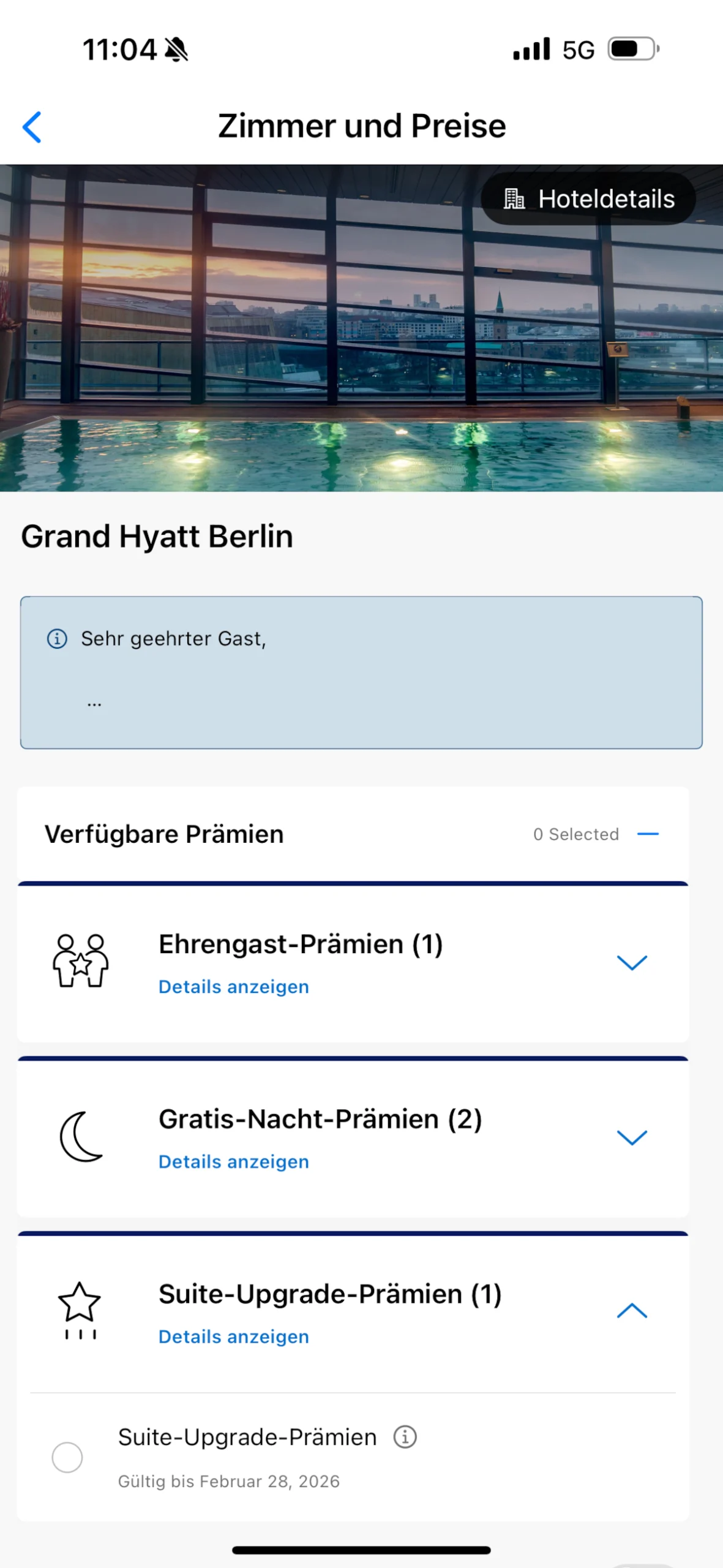 World of Hyatt App Suite-Upgrade-Prämie einlösen