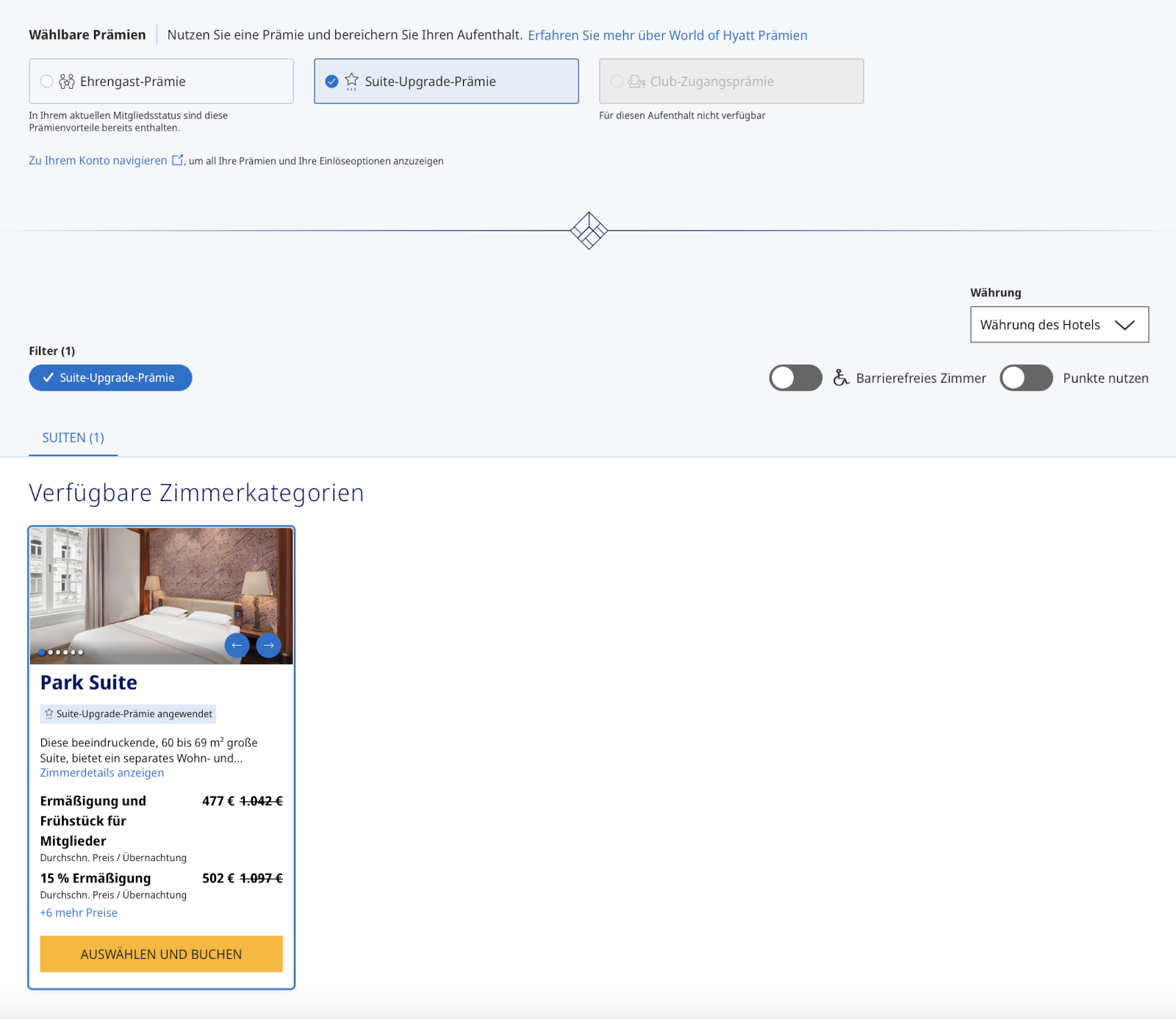 World of Hyatt Suite-Upgrade-Prämie online einlösen