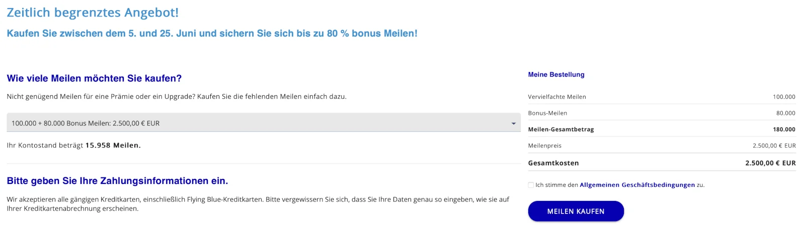 Angebot Juni 2025 Flying Blue Meilen mit 80% Bonus kaufen