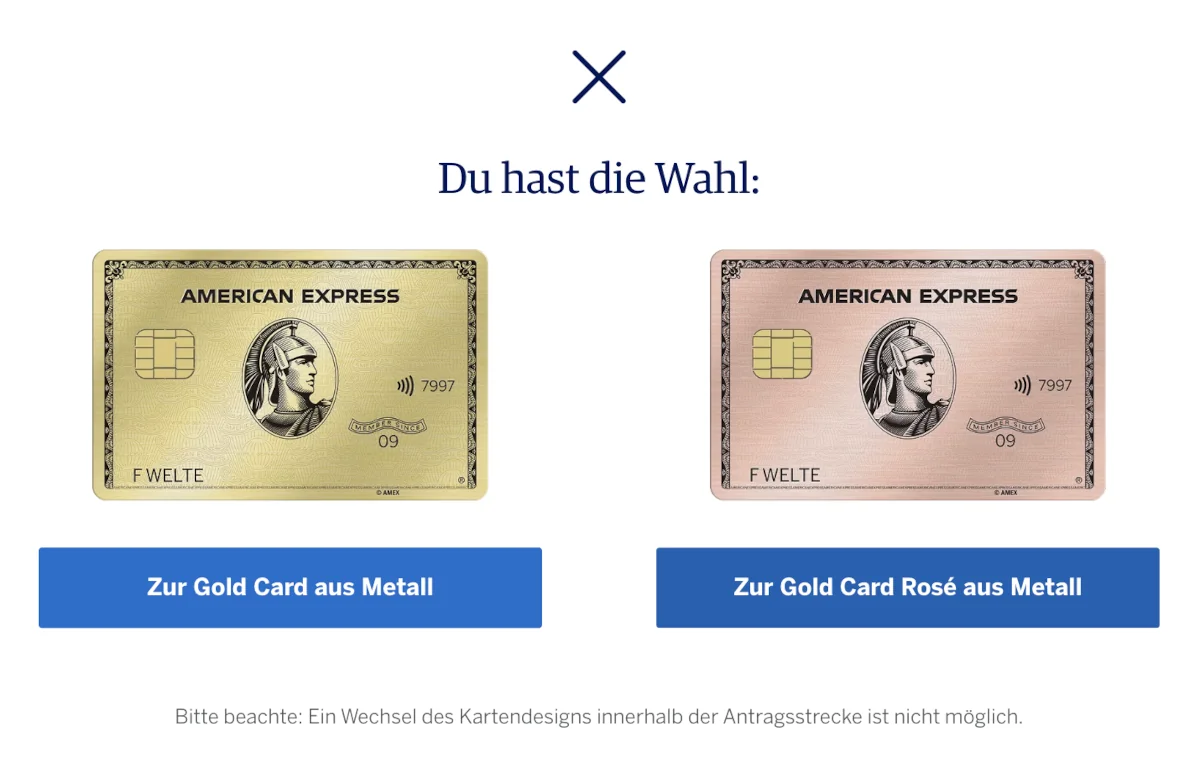 Amex Gold Card Rosé Antrag Design auswählen