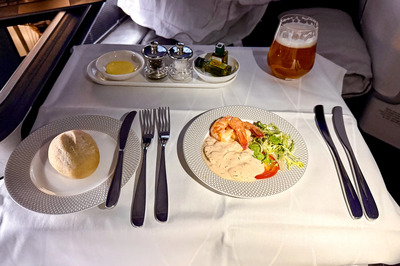 Vorspeise in der British Airways First Class auf dem Flug London. - Mexiko-Stadt
