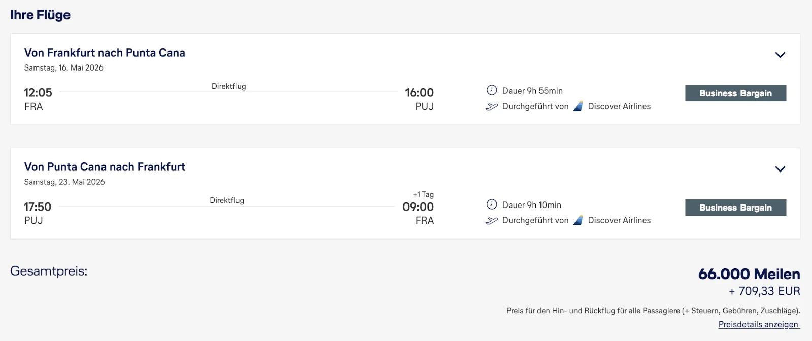 Screenshot einer Flugbuchung der Miles & More Meilenschnäppchen mit Discover Airlines in der Business Class nach Punta Cana