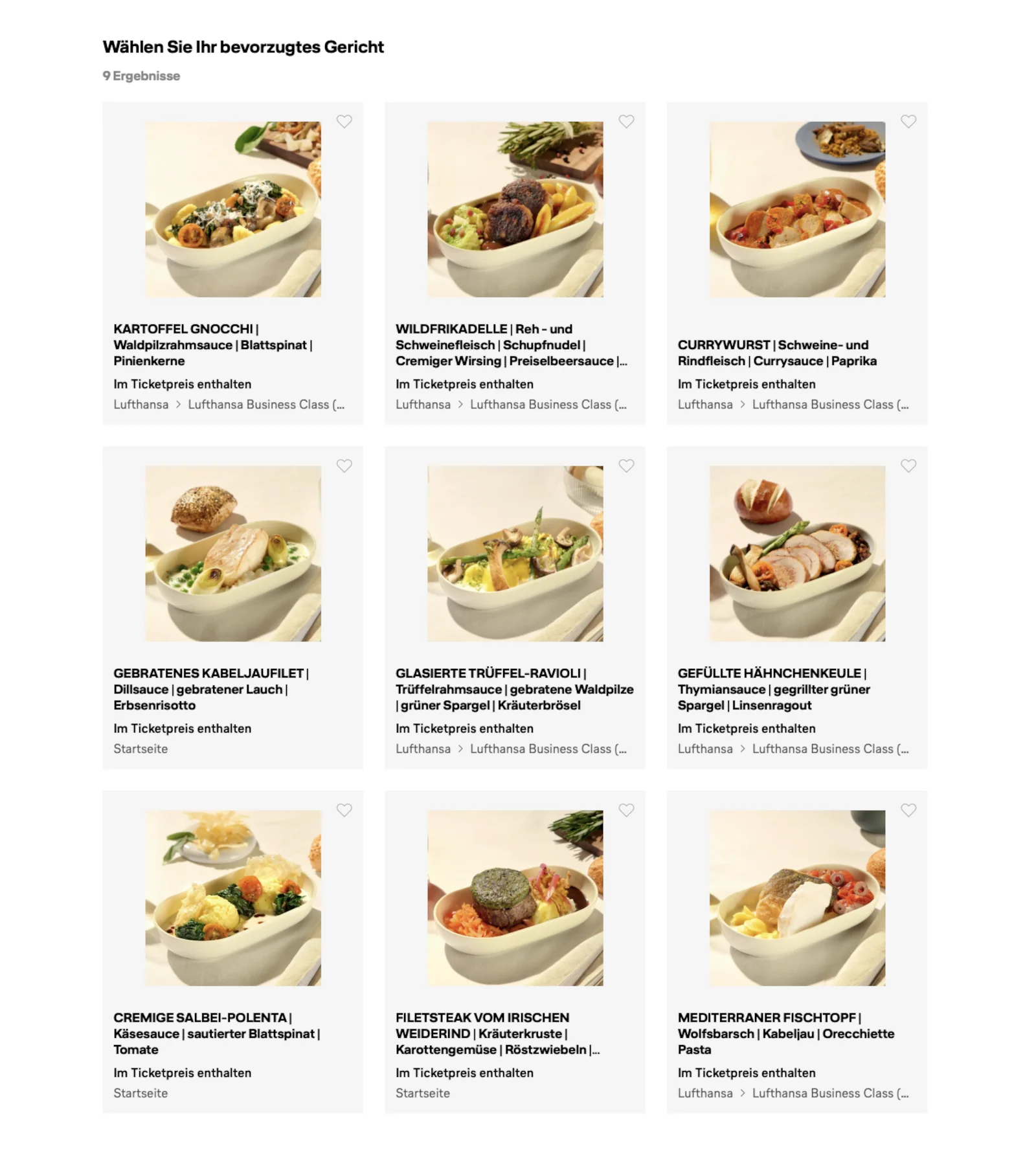 Lufthansa Business Class Pre-Select Catering Auswahl Flug Sevilla