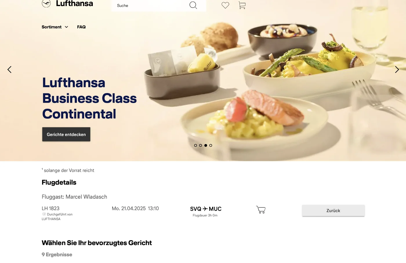 Lufthansa Pre-Select Webseite Auswahl